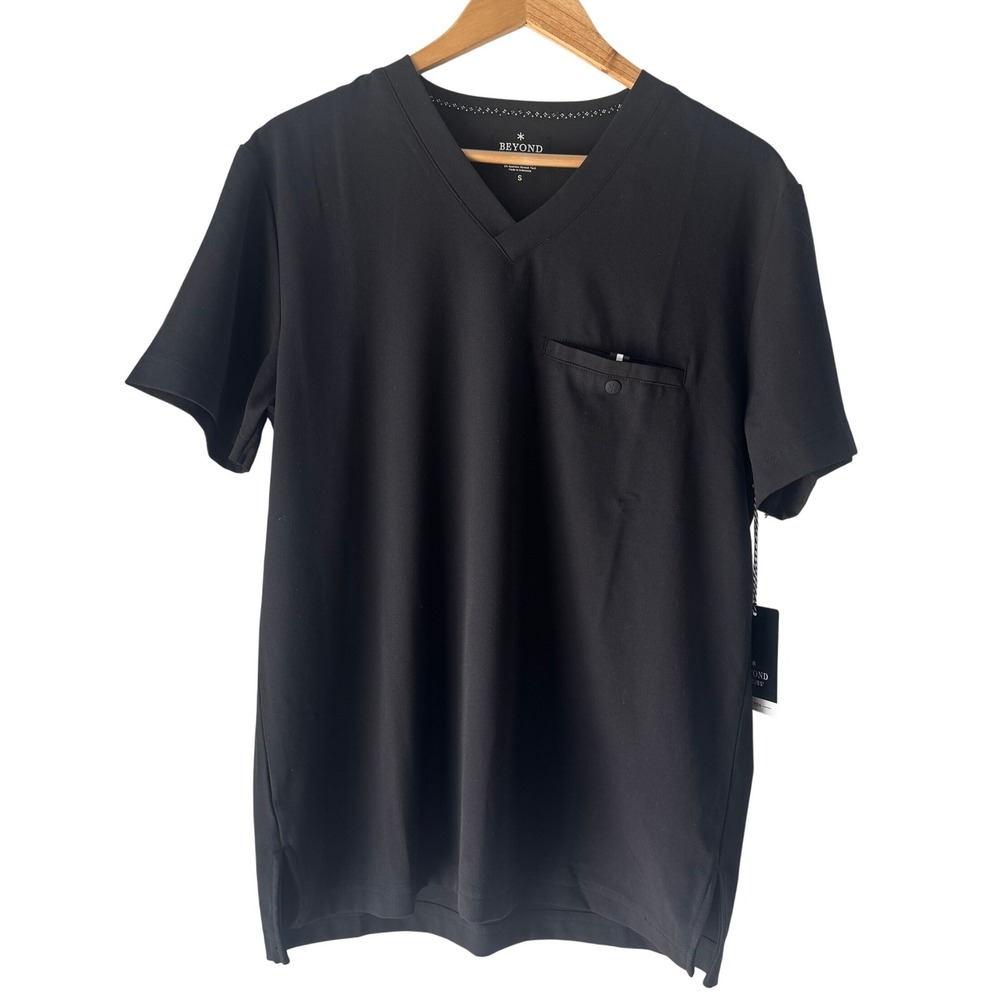 Beyond Scrubs Alpha One Pocket V-Neck Scrub Top Men S Black Stretch Twill NEW